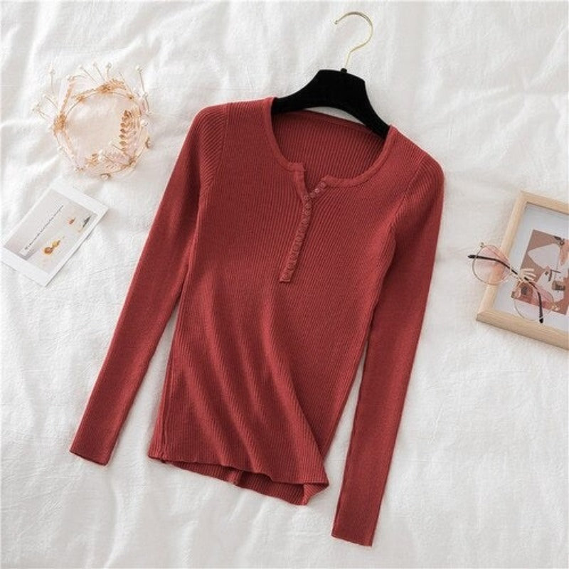 V-Neck Knitted Thin Long Sleeves Pullover For Women Red One Size