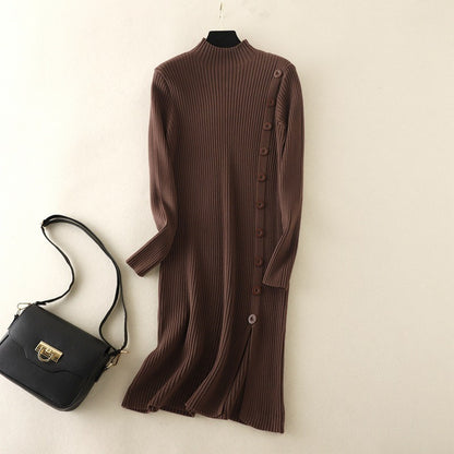 Mock Neck Side Slit Knitted Sweater Dress One Size Brown