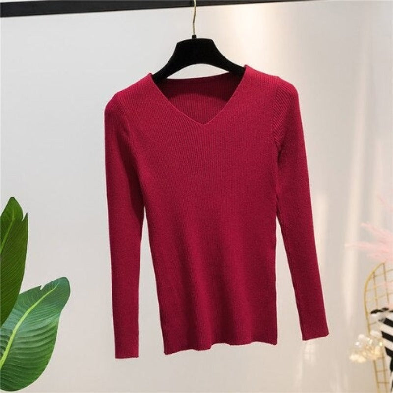 V-Neck Knitted Long-Sleeved Slim Tight Pullover For Women Burgundy One Size