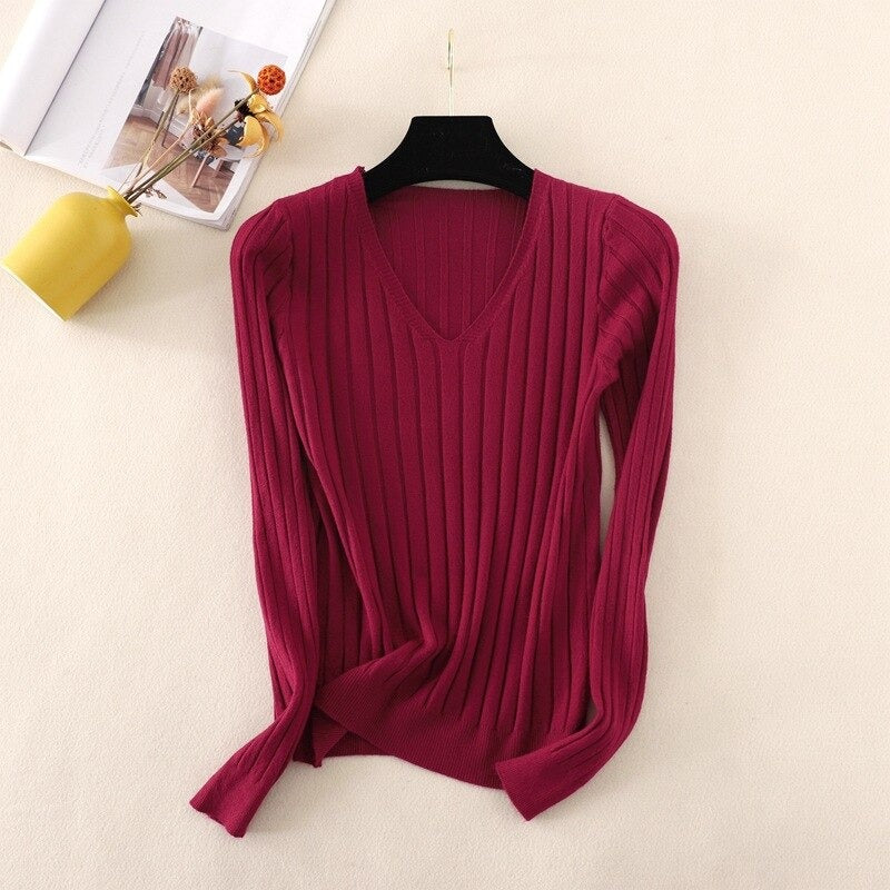 Basic V-Neck Solid Bodycon Knitted Sweater For Women Burgundy One Size