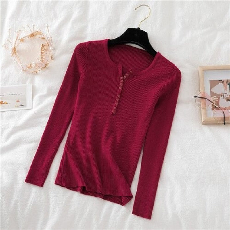 V-Neck Knitted Thin Long Sleeves Pullover For Women Burgundy One Size