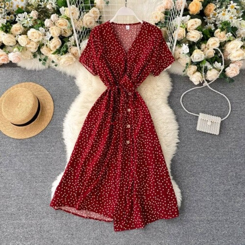 Korean V-neck Polka Dot Shorts Sleeve Dress For Women Red One Size