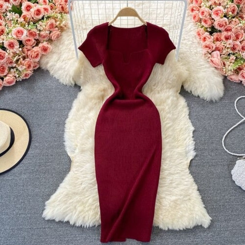 Knitted Square Neck Slit Slim Dress Burgundy One Size