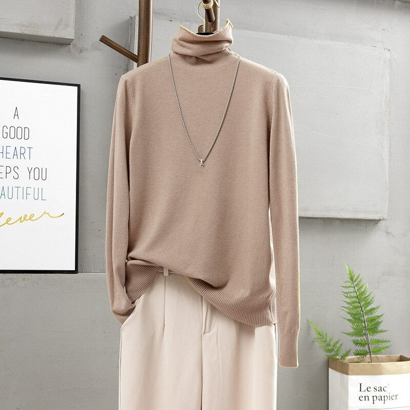 Soft Cashmere Turtleneck Slim-Fit Pullovers For Women Khaki One Size