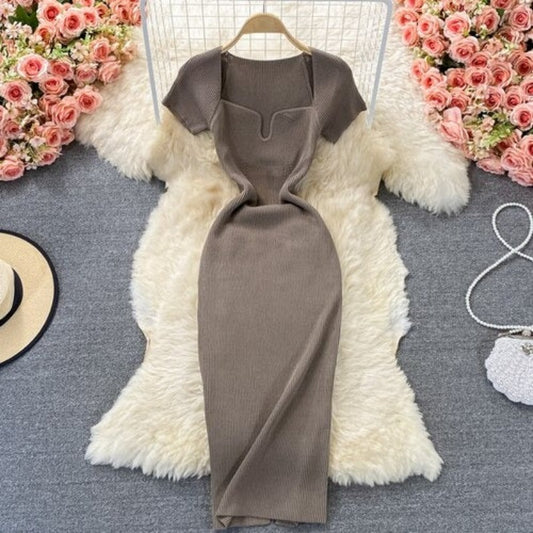 Knitted Square Neck Slit Slim Dress Khaki One Size