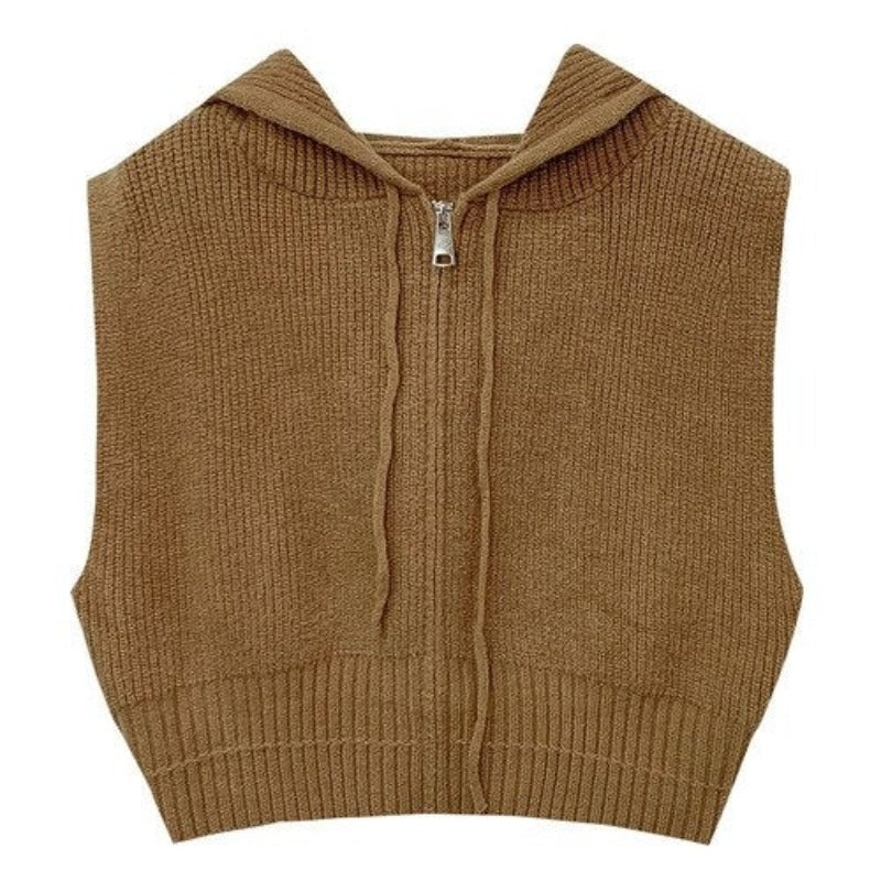 Loose Zipper Knitted Hooded Sweater Vest For Women Tan Brown One Size