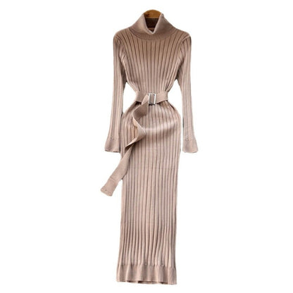 Knitted Waist Slimming Long Bodycon Dress With Belt One Size Khaki