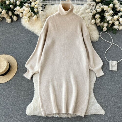 Loose Turtleneck Knitted Slim Long Woolen Dress One Size Off-White