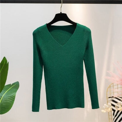 V-Neck Knitted Long-Sleeved Slim Tight Pullover For Women Dark Green One Size