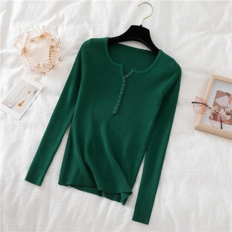 V-Neck Knitted Thin Long Sleeves Pullover For Women Green One Size