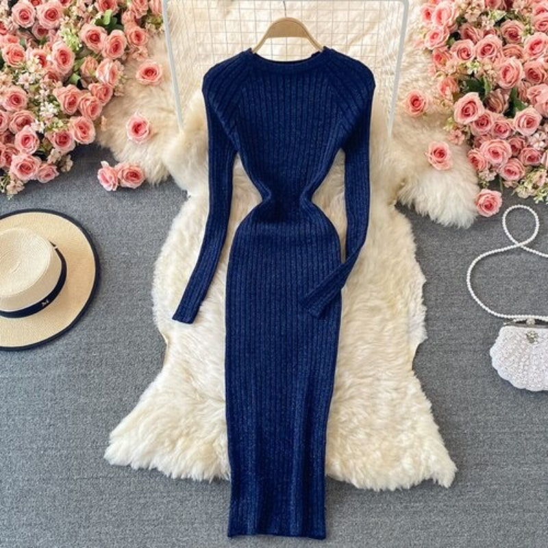 O-Neck Winter Knitted Bodycon Sweater Dress Navy Blue One Size