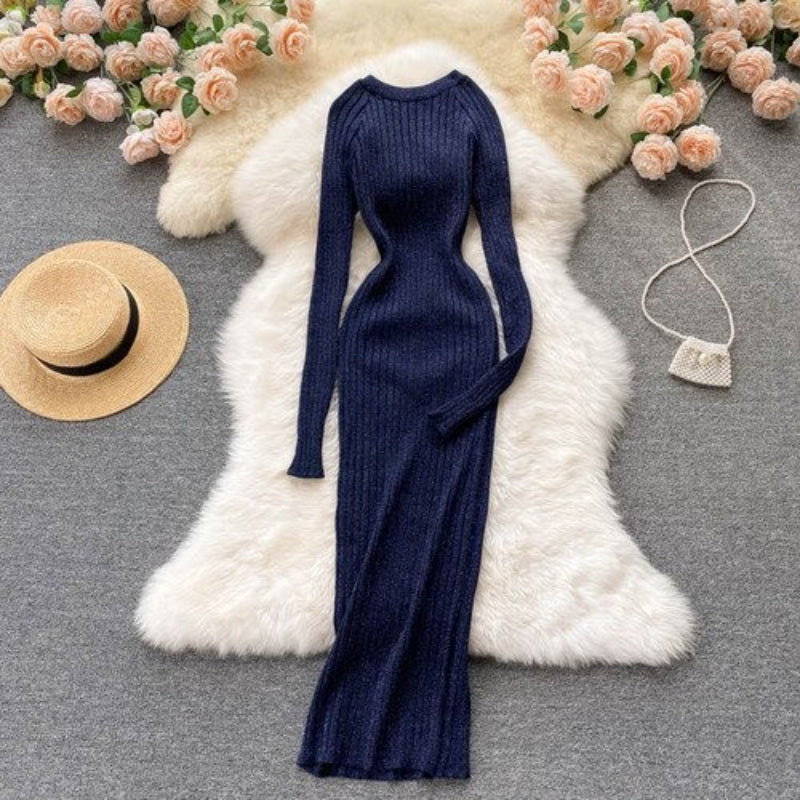 O-Neck Elastic Warm Knitted Sweater Dress One Size Dark Blue