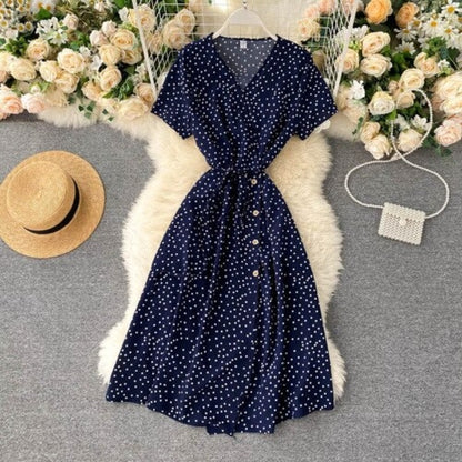 Korean V-neck Polka Dot Shorts Sleeve Dress For Women Dark Blue One Size