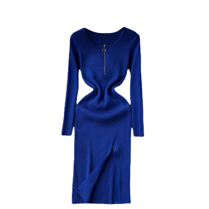 Slim Fit Knitted Long Sleeved Zipper Dress Dark Blue One Size