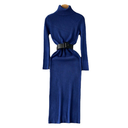 Long Turtleneck A-Line Knitted Bodycon Dress With Belt One Size Dark Blue