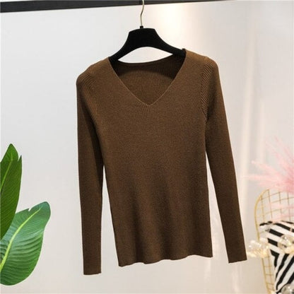 V-Neck Knitted Long-Sleeved Slim Tight Pullover For Women Brown One Size