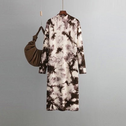 Loose Midi Retro Printed Soft Tie-Dyed Knitted Dress One Size Brown