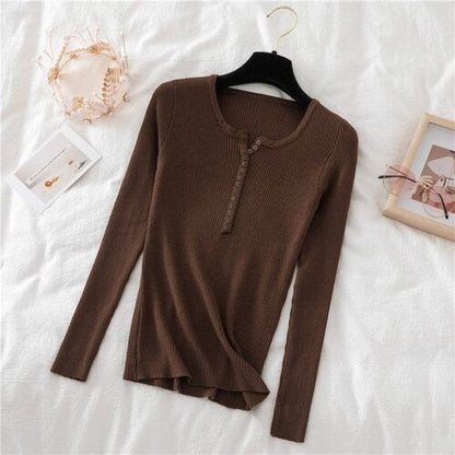 V-Neck Knitted Thin Long Sleeves Pullover For Women Brown One Size