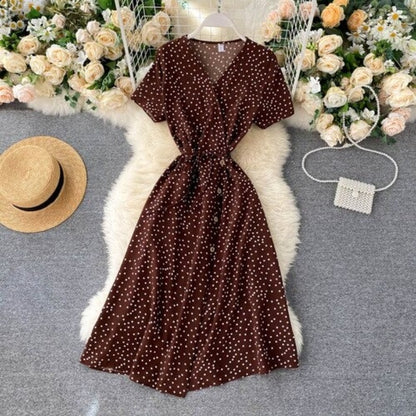 Korean V-neck Polka Dot Shorts Sleeve Dress For Women Dark Brown One Size