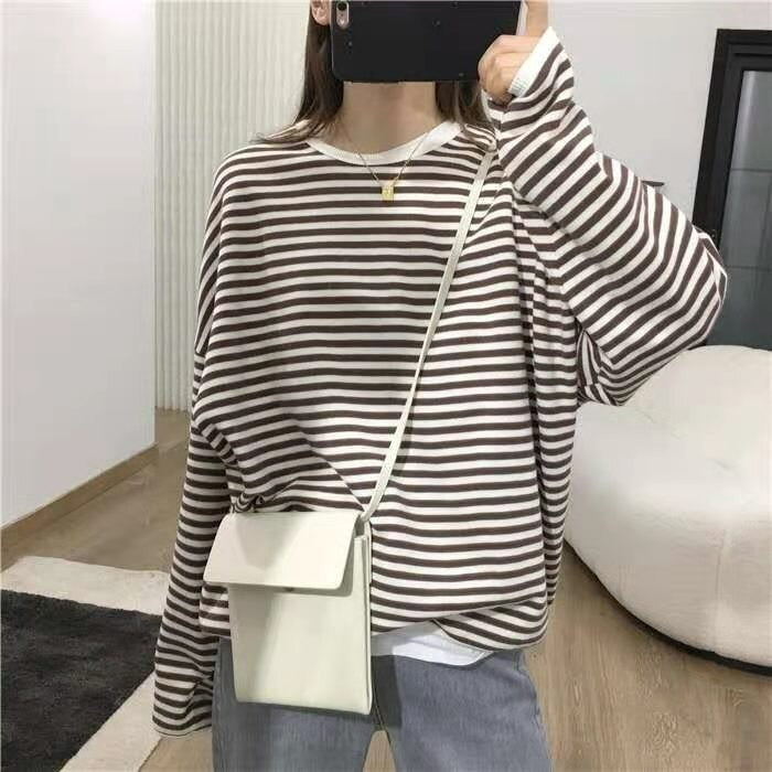 Women's Striped Oversized Casual Sweatshirt Brown One Size