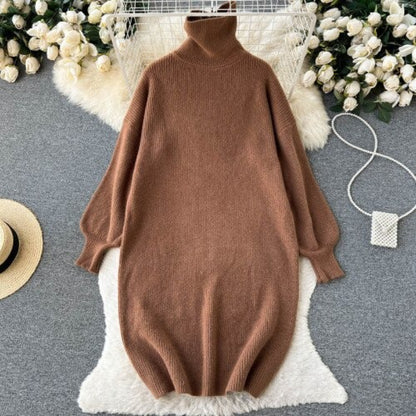 Loose Turtleneck Knitted Slim Long Woolen Dress One Size Brown