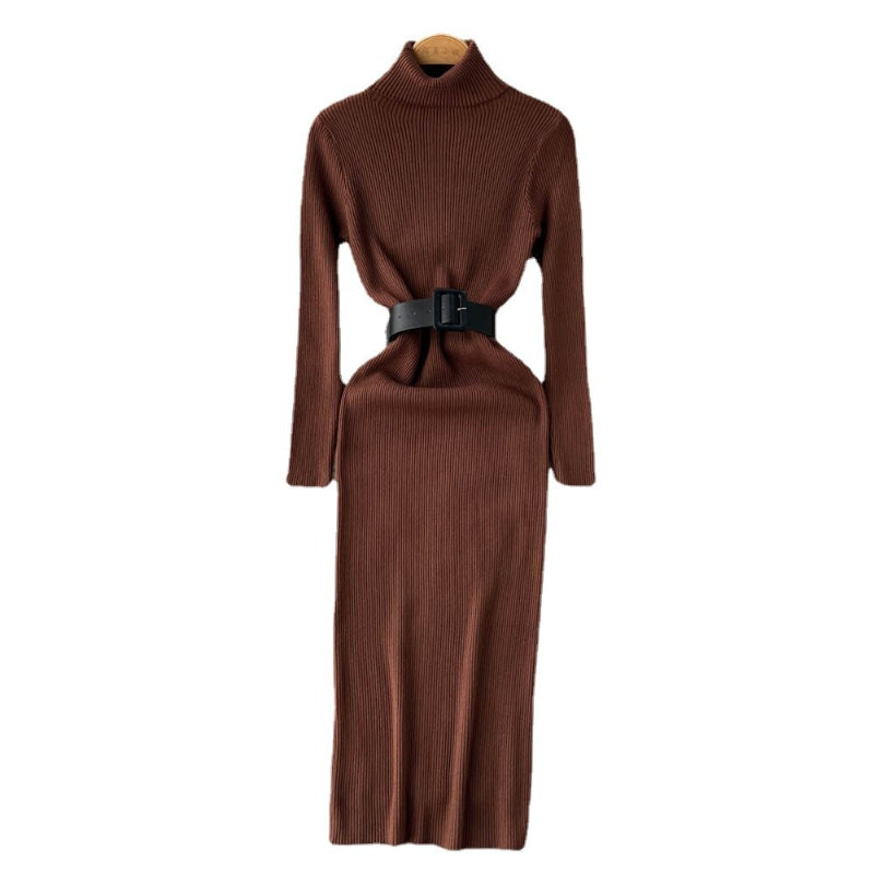 Long Turtleneck A-Line Knitted Bodycon Dress With Belt One Size Brown