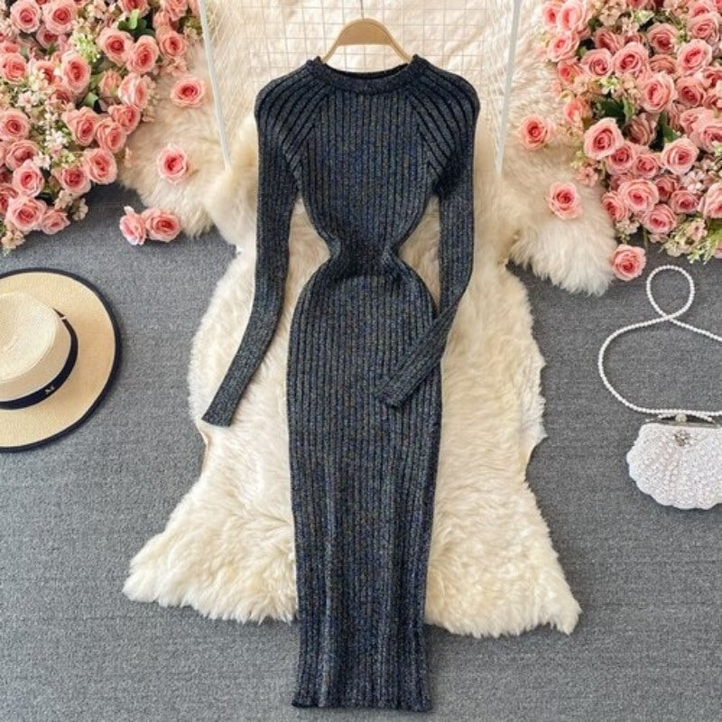 Bright Silk Elegant Knitted Long Sleeve Dress For Women Dark Gray One Size