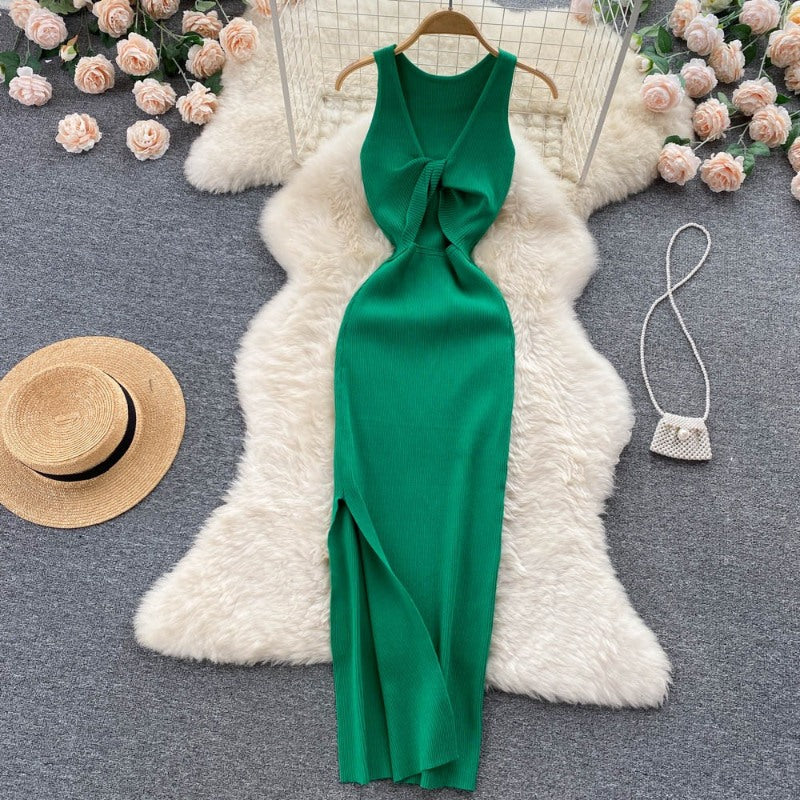 Casual Twisted Korean Long Dress For Women Dark Green One Size