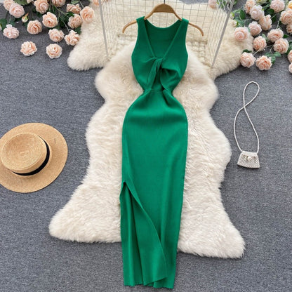 Casual Twisted Korean Long Dress For Women Dark Green One Size