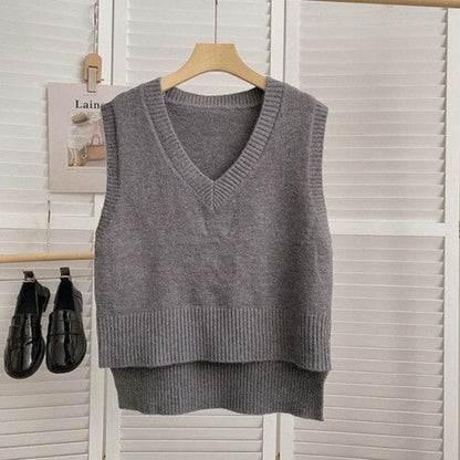 Loose Knitted V-Neck Sweater Vest For Women Gray One Size