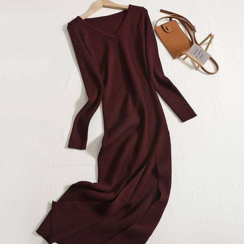 V-Neck Knitted Slim Dress For Women Dark Brown One Size