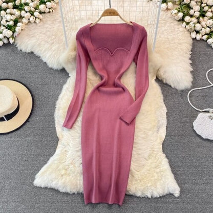 Elegant Low Neck Tight Stretch Knit Dress For Women Rose Pink One Size