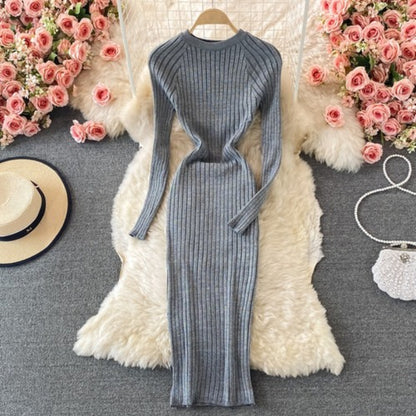 O-Neck Winter Knitted Bodycon Sweater Dress Gray One Size