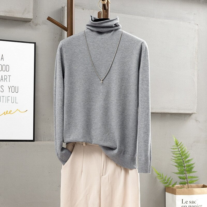 Soft Cashmere Turtleneck Slim-Fit Pullovers For Women Gray One Size