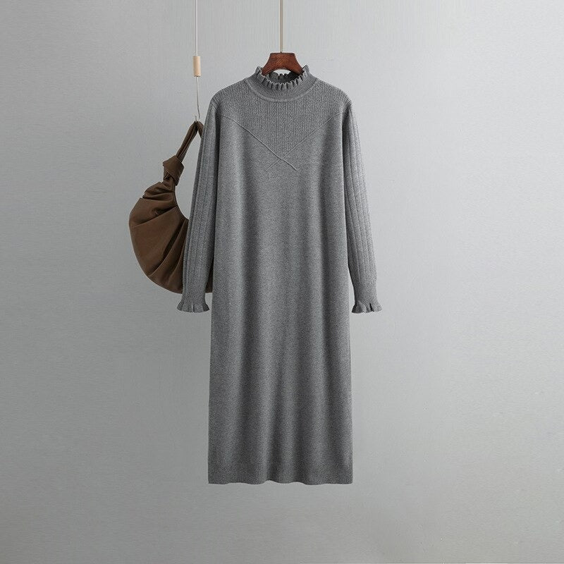 Loose Turtleneck Elastic Sweater Knitted Dress For Women Gray