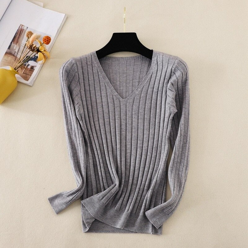 Basic V-Neck Solid Bodycon Knitted Sweater For Women Gray One Size