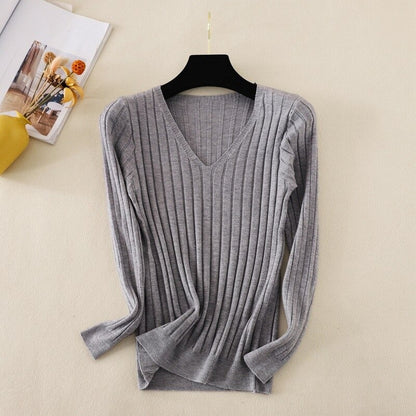 Basic V-Neck Solid Bodycon Knitted Sweater For Women Gray One Size