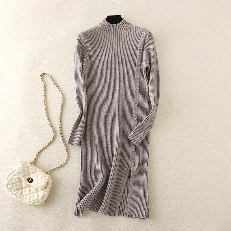 Mock Neck Side Slit Knitted Sweater Dress One Size Gray