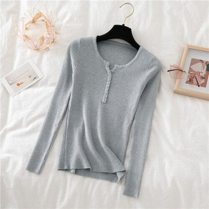 V-Neck Knitted Thin Long Sleeves Pullover For Women Gray One Size