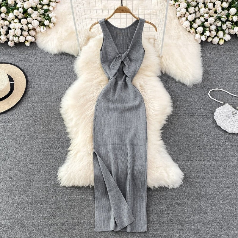 Casual Split Knitted Hollow Sleeveless Dress For Women Gray One Size