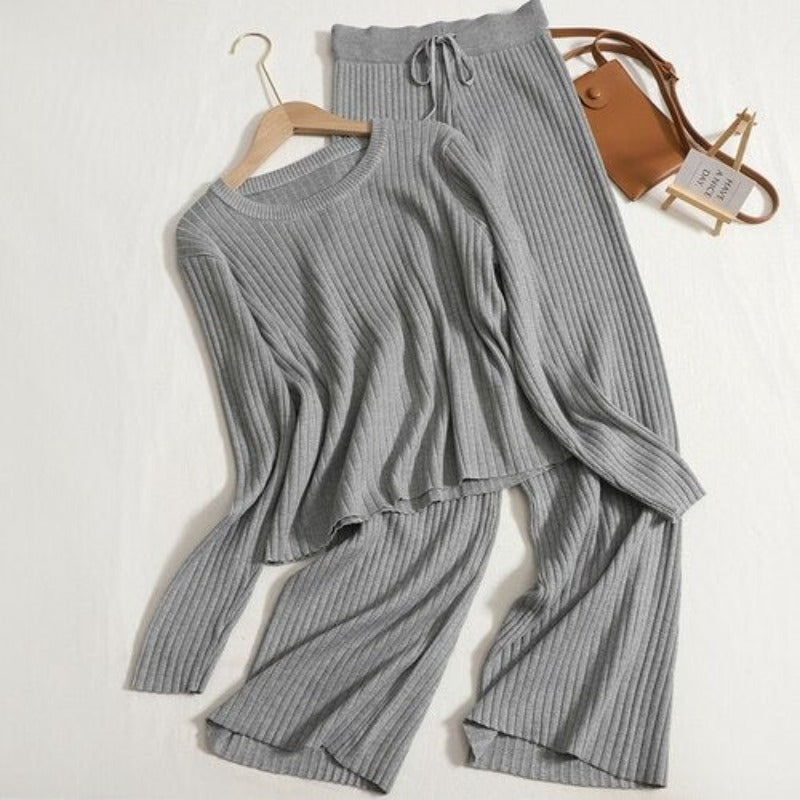 Warm Knitted Two Piece Tops And Pants Sets One Size Gray