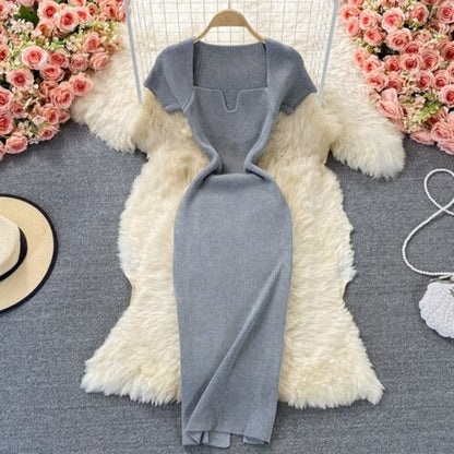 Knitted Square Neck Slit Slim Dress Gray One Size