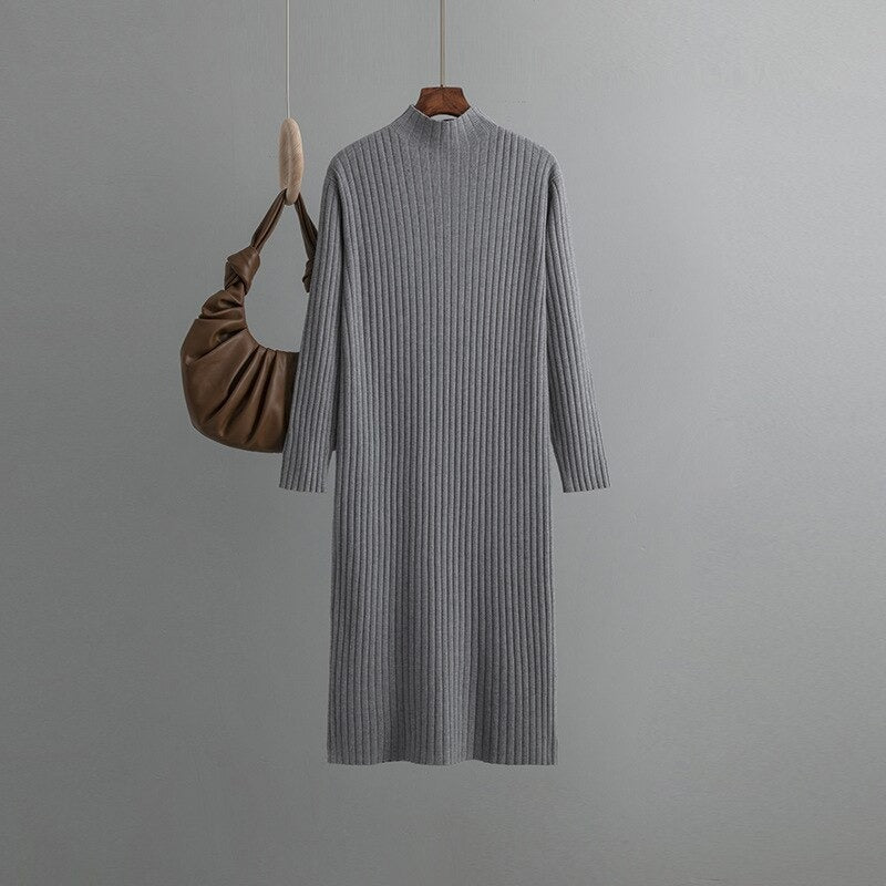 Turtleneck Tunic Knitted Slim Fit Sweater Dress One Size Gray