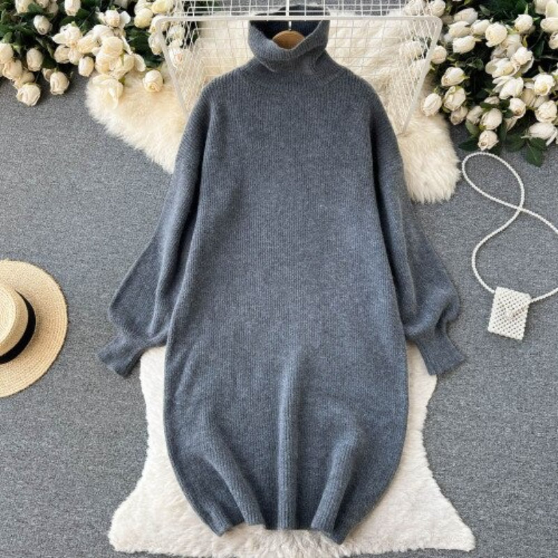 Loose Turtleneck Knitted Slim Long Woolen Dress One Size Gray