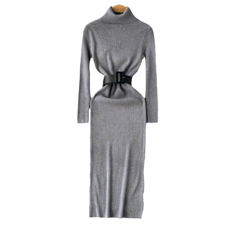 Long Turtleneck A-Line Knitted Bodycon Dress With Belt One Size Gray