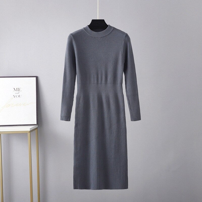 Half Turtleneck Over-The-Knee Fit Knitted Sweater Dress One Size Gray