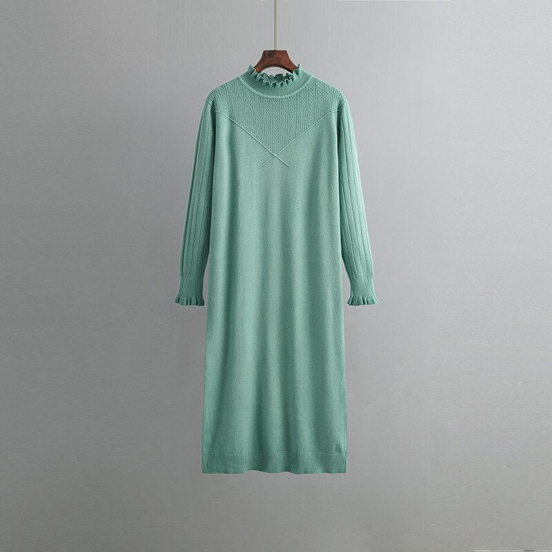 Loose Turtleneck Elastic Sweater Knitted Dress For Women Green