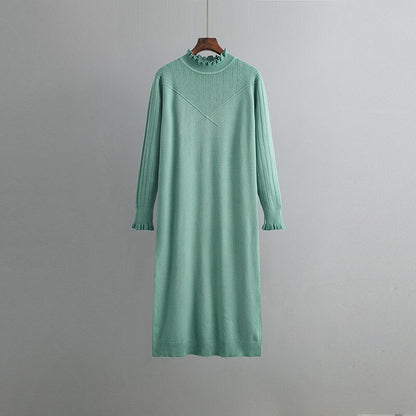 Loose Turtleneck Elastic Sweater Knitted Dress For Women Green