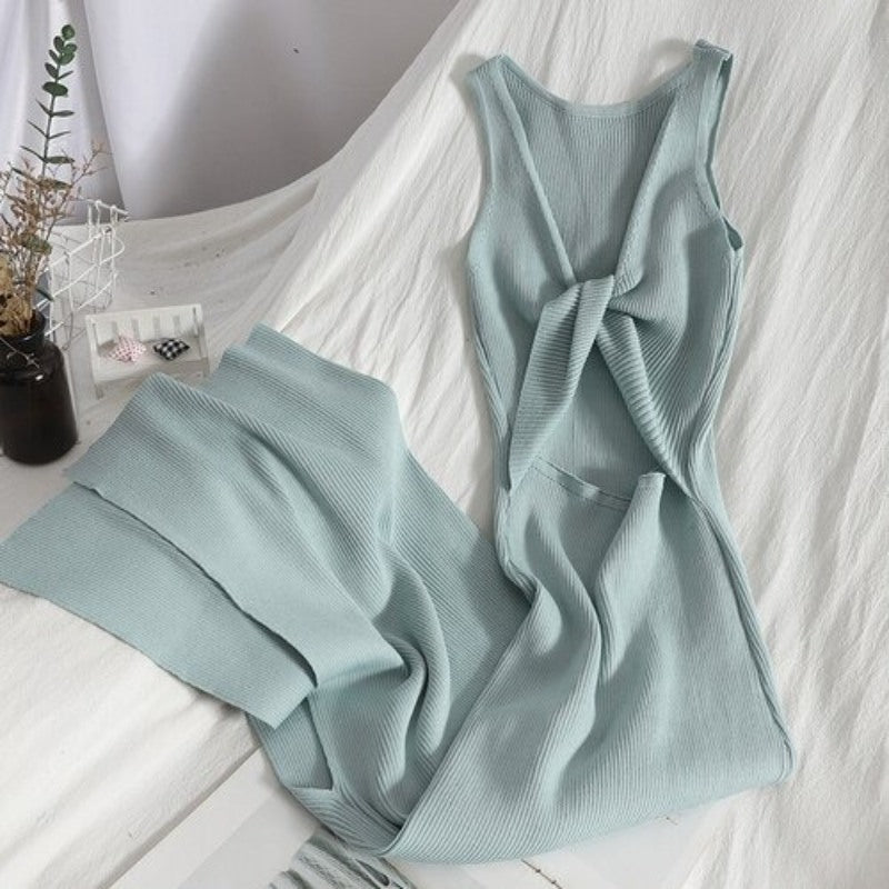 Casual Split Knitted Hollow Sleeveless Dress For Women Green One Size