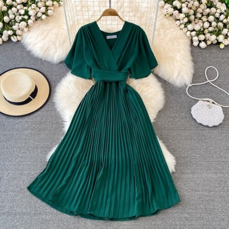 Elegant Solid Color V-neck Short Sleeve Dress For Women Green